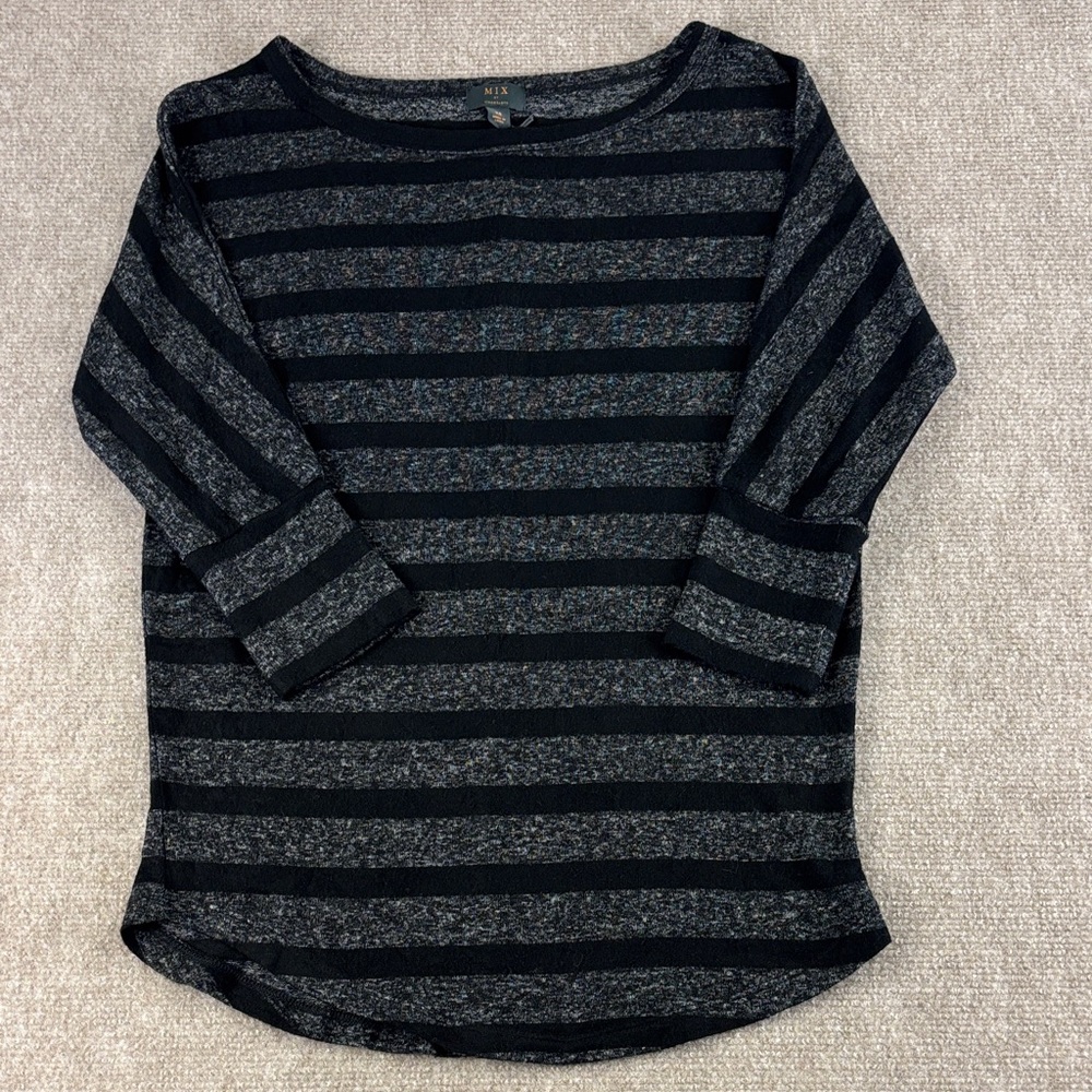 Mix by 41 Hawthorn Black/Gray Striped Round Neck Soft 3/4 Sleeve Top Size XS NWT